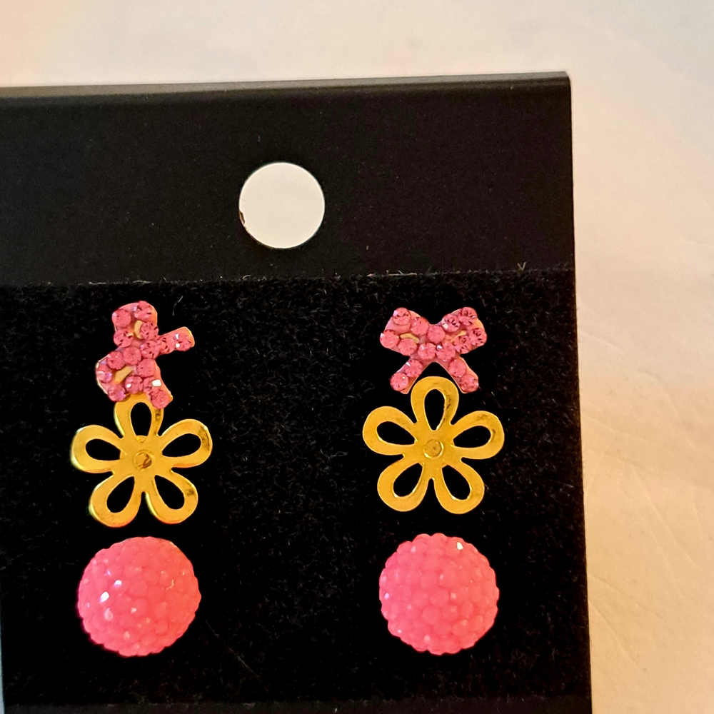 3 Set Charming Pink and Gold Flower Earrings for Kids